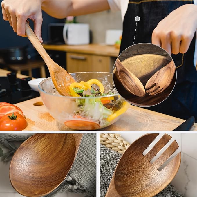 Large Teak Wood Spoons for Cooking, 13-Inch Teak Wooden Salad Serving Spoon Set of 2, Natural Wood Salad Spoons with Long Handles, Salad Serving Utensils