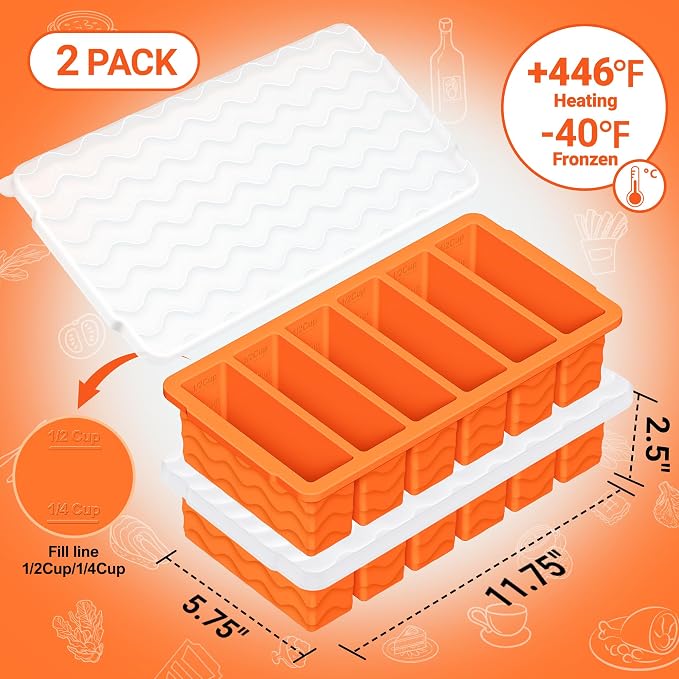 1/2 Cup Silicone Freezer Molds with Lid, 2-Pack Silicone Freezer Trays for Soup, Sauce & Broth – Meal Prep Containers, Large Ice Cube Tray, Oven & Dishwasher Safe
