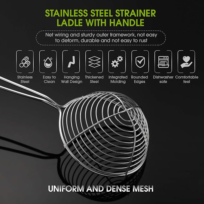 Geiserailie 10 Pieces Hot Pot Kit Strainer Scoops Stainless Steel 2.5 Inch Mini Spider Strainer Skimmer Pasta Mesh Spoon Asian Skimmer Spoon Ladle with Handle for Home (Black)