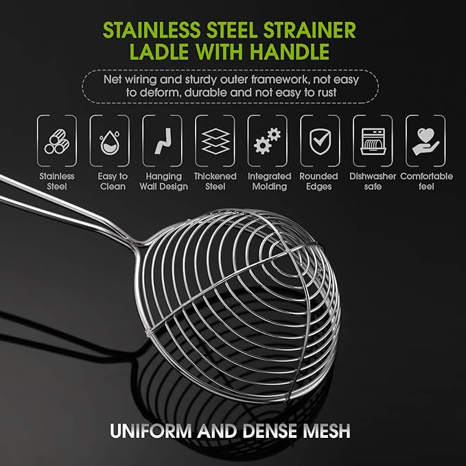 Geiserailie 6 Pieces Hot Pot Kit Strainer Scoops Stainless Steel 2.5 Inch Mini Spider Strainer Skimmer Pasta Mesh Spoon Asian Skimmer Spoon Ladle with Handle for Home (Black)