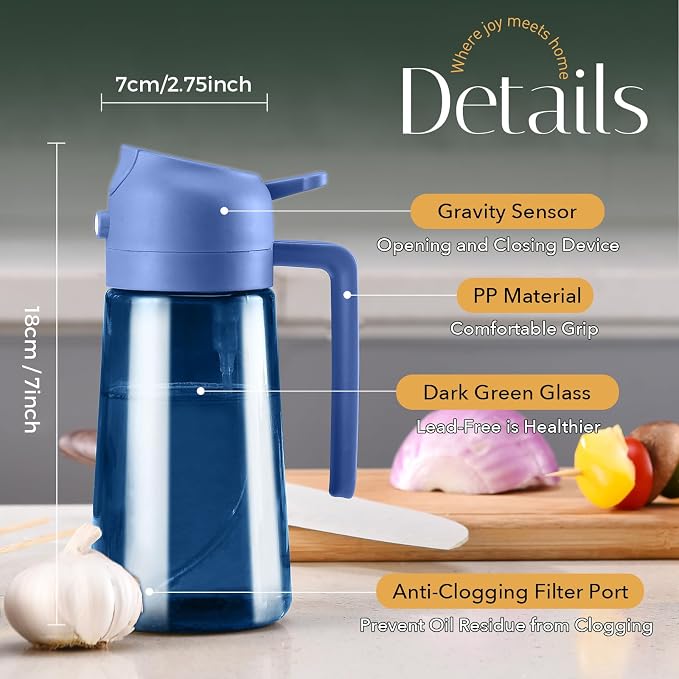 YARRAMATE 16oz/470ml Light-Blocking Dark Oil Sprayer for Cooking (Navy) | 2 in 1 Olive Oil Dispenser Bottle for Kitchen, Premium Blue Glass Oil Bottle, Food-Grade Oil Mister for Air Fryer, BBQ