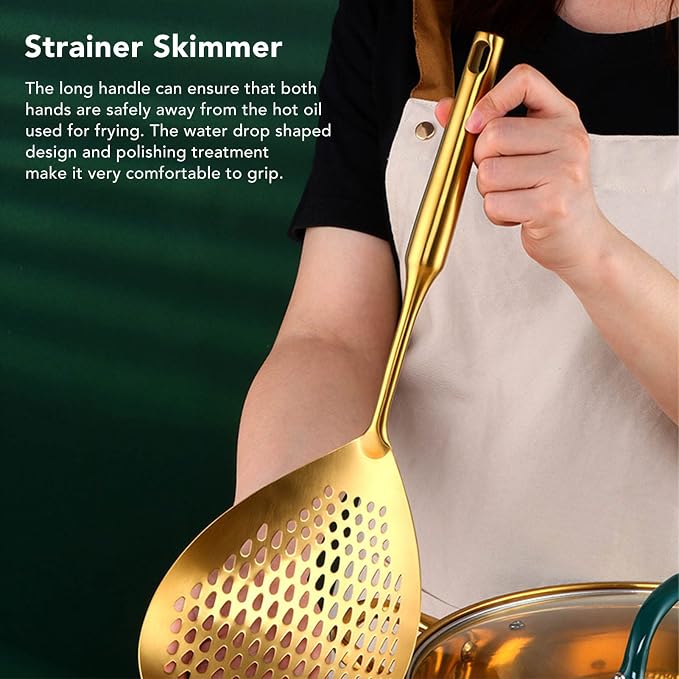 Strainer Skimmer Ladle, 304 Stainless Steel Skimmer Slotted Spoon with Long Handle, Hanging Holes, 15.7x5.7in Food Grade Filter Spoon for Cooking, Draining, Frying, Skimming (Gold)