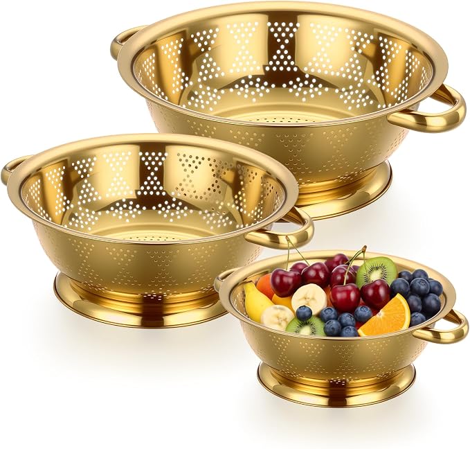 3 Pcs Gold Colander Set 1/2.5/4 Quart Stainless Steel Colander Gold Strainer Basket with Handles Kitchen Strainer for Draining Spaghetti Pasta, Rinsing Vegetables or Fruits