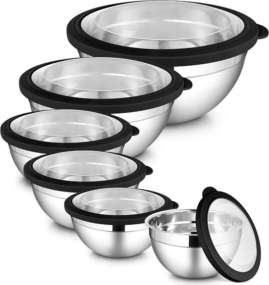 LIANYU Stainless Steel Mixing Bowls Set, Large 7, 3.5, 2.5, 2, 1.5, 1QT | 6 PCS Metal Nesting Bowls with Transparent Airtight Lids, Serving Bowl Set for Home Kitchen, Dishwasher & Freezer Safe, Black