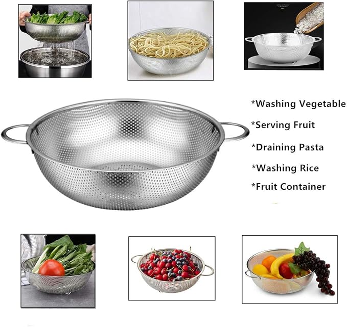 Colander Set of 2, Heavy Duty Stainless Steel Micro-Perforated Strainer Mesh Colander with Handle for Draining Rinsing Washing Pasta Vegetables Fruits, Dishwasher Safe -3/5 Quart