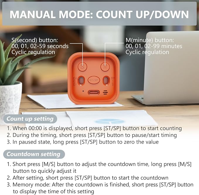 GuDoQi Multi-Function Cube Timer, 5/10/30/60 Min & Custom Count Down, Included Pause & Resume Feature, Silent, Vibrate & Adjustable Sound Alarm for Productivity in Tasks, Study & Kitchen, Orange