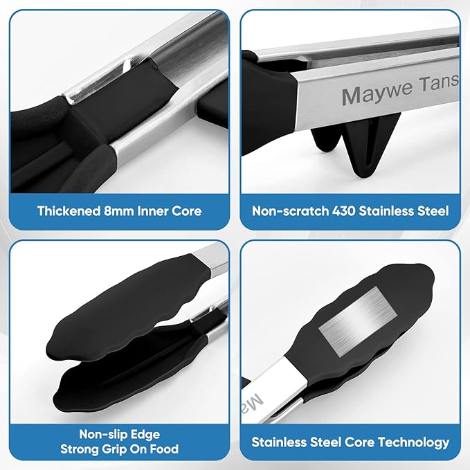 5-Pack Silicone Tongs for Cooking,Maywe Tanso 4PCS 13-Inch Kitchen Tongs with Silicone Tips,Nonstick Stainless Steel Tong for Steak Pie Pizza Pasta Spaghetti Salad BBQ Buffet,Plus Brush