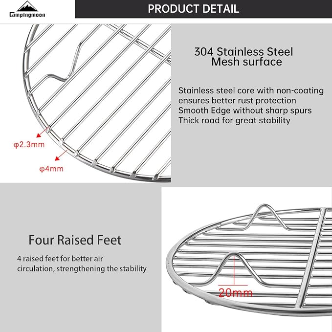 Campingmoon 12 Inch Round Cooling Rack, 304 Stainless Steel for Dutch Oven | 4 Raised Feet 0.8", Rust-Resistant, for Baking, Steaming, Roasting, BBQ, Fits 12" Dutch Oven, Pot & Air Fryer