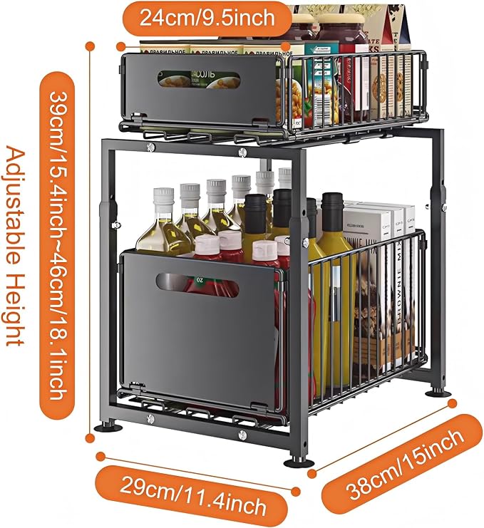 Under Sink Organizer, 2-Tier Multi-Use Kitchen and Bathroom Organizers and Storage, Slide Out Thickened Metal Under The Sink Organizer for Kitchen Bathroom Pantry (Style A Black, 1 Pack)