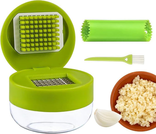 3-in-1 Garlic Press Set, Stainless Steel Garlic Mincer with Garlic Peeler & Cleaning Brush, Garlic Crusher Tool with Storage Container for Kitchen Cooking (Green)