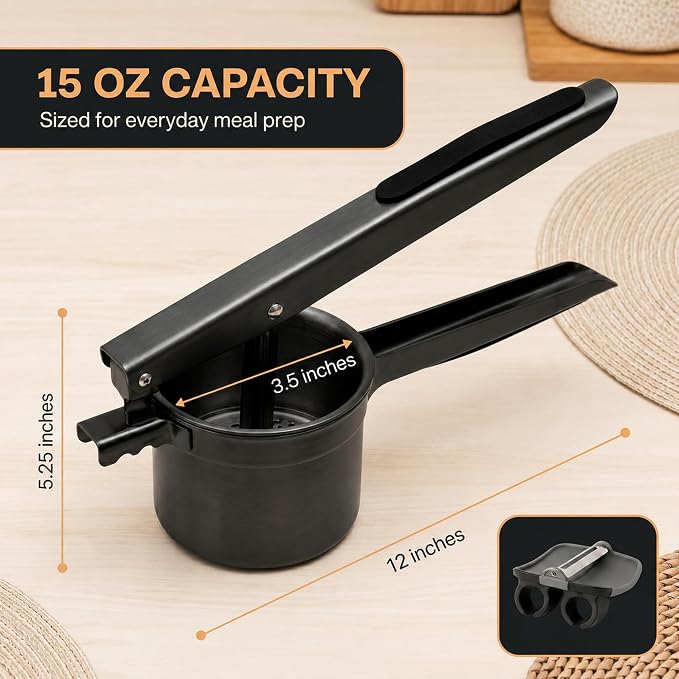 Potato Ricer Stainless Steel (15 oz, Black) - Heavy Duty Potato Masher with 3 Interchangeable Discs & Peeler - Easy Mashed Potatoes Kitchen Tool by Kovilo