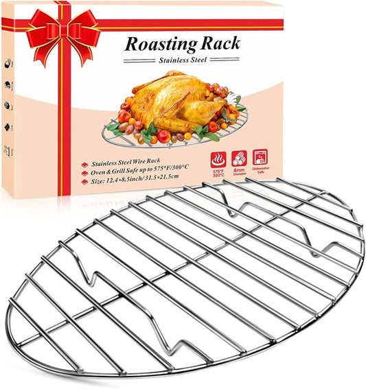 DePango Oval Turkey Roasting Rack,12 Inch Stainless Steel Rack for Thanksgiving Christmas Gifts, Non-Stick Wire Rack Safe for Thanksgiving Turkey, Roasting and Cooling