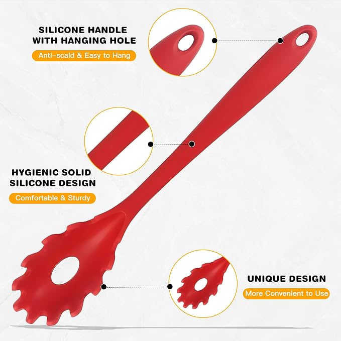 Spaghetti Spoon Set with Non-Slip Silicone Teeth, 12-Inch Non-Slip Pasta Spoon, Heat Resistant Kitchen Utensils with Storage Holes, Dishwasher Safe (red)