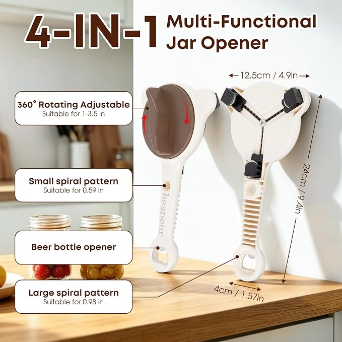 4-in 1 Adjustable Jar Opener for Seniors, Arthritis & Weak Hands, Stainless Steel Lid Opener for Jars, Bottles & Corkscrews, Easy Grip Kitchen Tool for Pickle Mason Jars