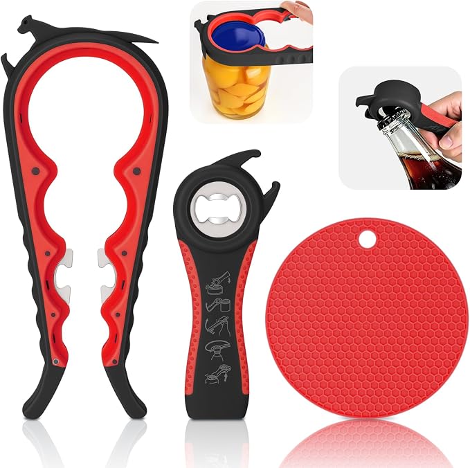 Jar Opener Set for Seniors, Arthritis, Weak Hands (Red&Black) | 6-in-1 Adjustable Jar Opener Can Opener, 4-in-1 Bottle Opener Lid Opener & Rubber Jar Gripper, Multifunctional Kitchen Gadget