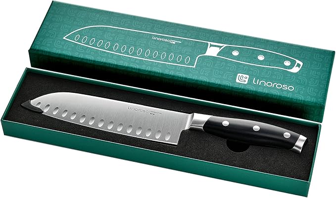 linoroso Santoku Knife 7 inch Meat Kitchen Asian Chef Knife, German High Carbon Stainless Steel Chopping Knife with Full Tang Ergonomic Handle for Home Kitchen and Restaurant