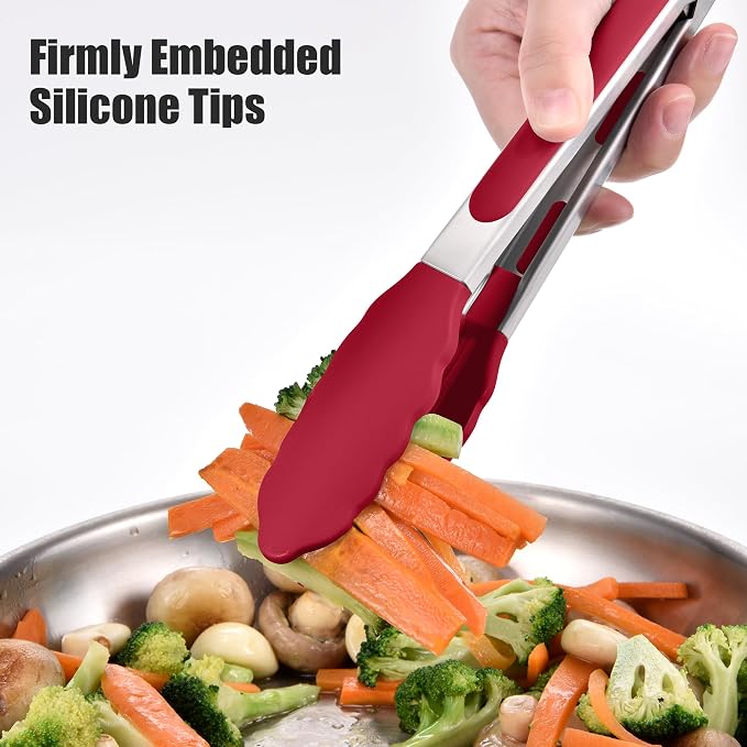 Doosu Kitchen Tongs for Cooking - 600°F Heat Resistant Food Tong Set with Non-Scratch Silicone Tips, Heavy Duty Stainless Steel Locking Tong for BBQ, Grilling Steak, Serving Salad (7+9+12in, Red)
