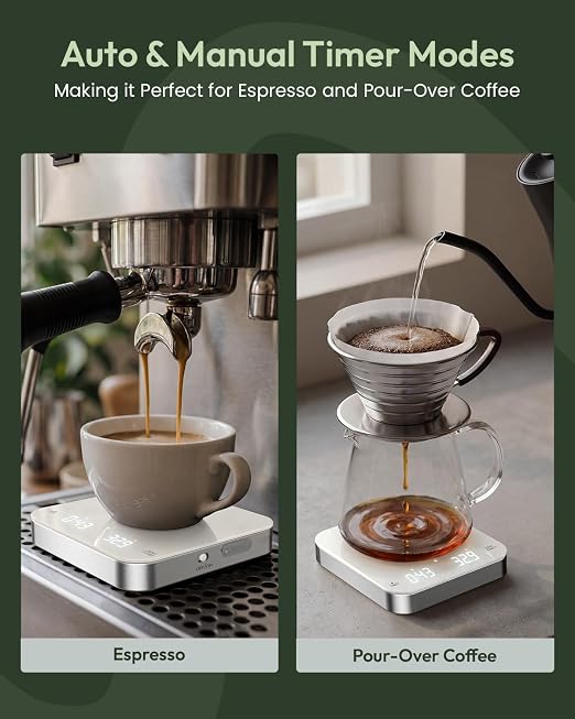 Maestri House S2 Espresso Coffee Scale with Timer 0.1g Precision Shot Scale | USB-C Rechargeable, Dual Timing Modes, 2kg/0.1g Digital Scale with Borosilicate Glass Top for Espresso and Pour-Over Brewing