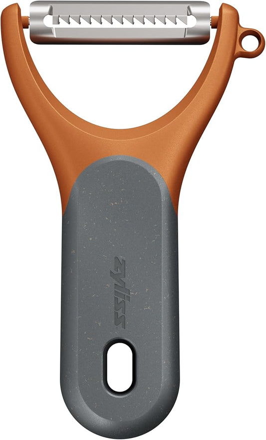 Zyliss Julienne Y Peeler – Ultra-Sharp Stainless Steel Blade for Carrots, Zucchini & Potatoes – Ergonomic Wheatstraw Grip – Built-in Eye Cutter & Safety Cover – Dishwasher Safe – Orange