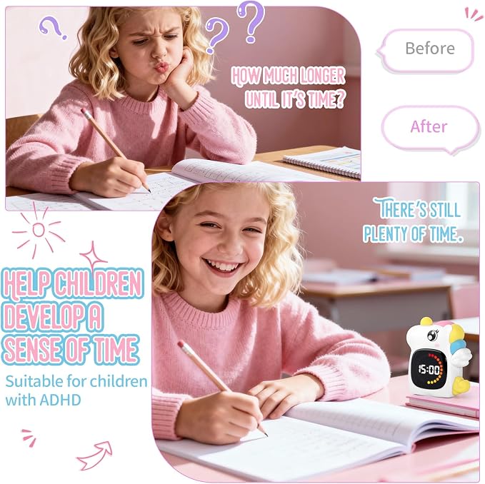 Unicorn Visual Timer for Kids, Rechargeable 99:59 Digital Countdown Potty Timer, Visual Time Progress Display, Adjustable Volume, Classroom Homeschool Study Timer