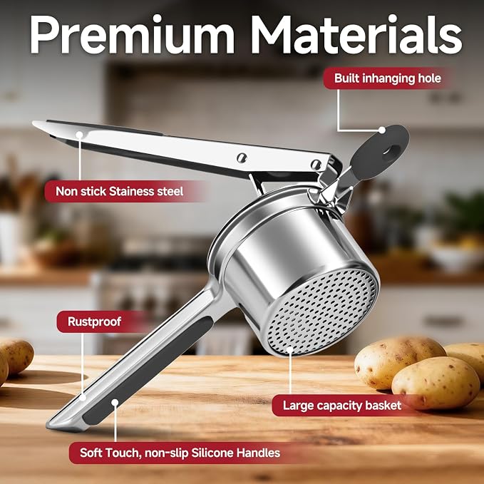 Potato Ricer for Mashed Potatoes-Stainless Steel 15oz | Large Capacity,All Clad,Heavy Duty,Ergonomic Handle for Spaetzle,Oranges, Lemons, Pumpkins, Carrots, Avocados(BLACK)