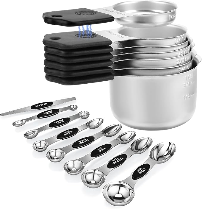 Magnetic Measuring Cups and Spoons Set, N52 Magnetic spoons Nesting Design, 304 Stainless Steel measuring cups, BPA Free, Dual-sided Design Set of 15 with Leveler for Dry & Liquid Ingredients Black