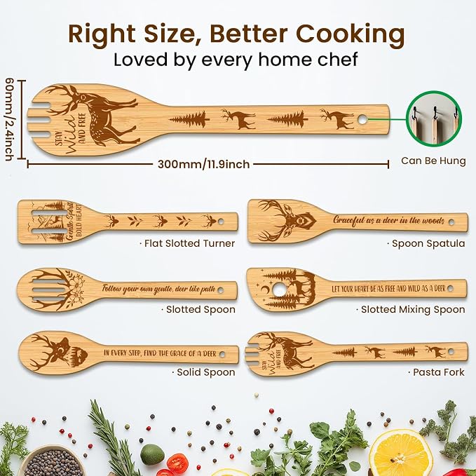 CUTHOLLOW 6PCS Deer Wooden Kitchen Cooking Utensil Set, 11.9in Non Toxic Bamboo Wood Spoon Set for Cooking, Best Housewarming Birthday Thanksgiving Christmas Gift for Women Mother