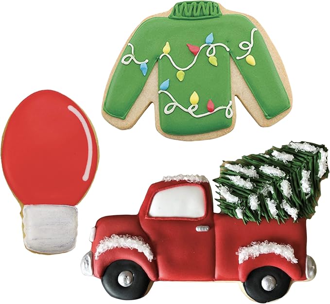 Ann Clark 3-pc. Vintage Christmas Cookie Cutter Set (Ugly Christmas Sweater, Vintage Truck with Tree & Lightbulb) Made in USA