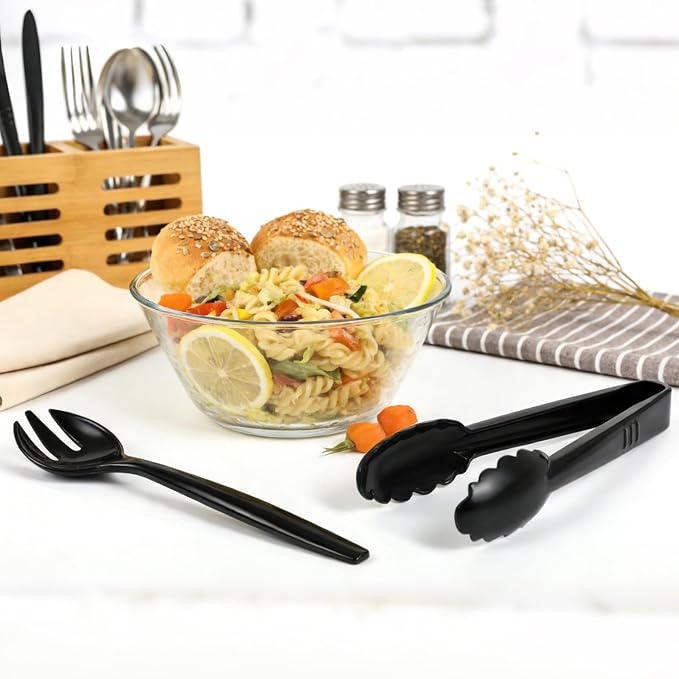 CXPSINC Disposable Plastic Serving Utensils Set 18-Piece, Including 6 Black Plastic Serving Spoons, 6 Tongs & 6 Forks, Disposable Serving Utensils For Catering Buffets Events (Black, 18pcs Utensils)