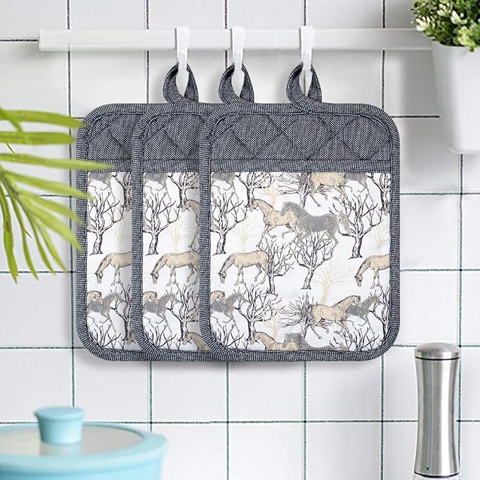 Pot Holders Set of 3 Silicone Printing Non Slip Heat Resistant, Yarm-Dyed Hot Pads Cotton Home Kitchen Cooking Barbecue Microwave Women Men Machine Washable BBQ Grilling. (Gray Potholders)
