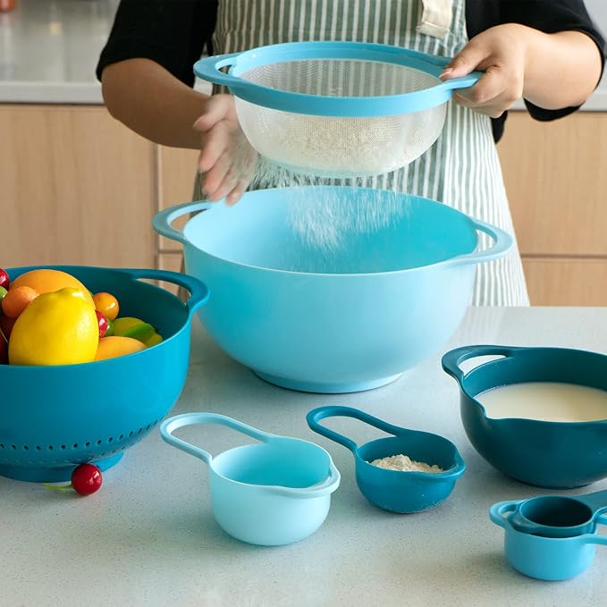 Pantula Mixing Bowls-Plastic Nesting Set of 8, Rv Camper Accessories | Kitchen Gadgets for Apartments Space Saving, Including Measuring Cups Sifter Colander, Easy Storage Cooking Baking, No BPA