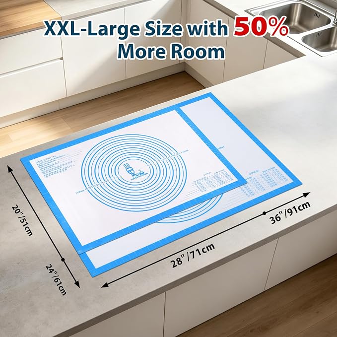 XXL-Large Pastry Mat For Rolling Dough: 36 X 24 Inch Silicone Baking Mat | Oversized Workspace Fits 20" Pizza & Roll 4 Pie Crusts at Once - Homemade Baker To Roll out Kneading Bread/Sourdough (Blue)