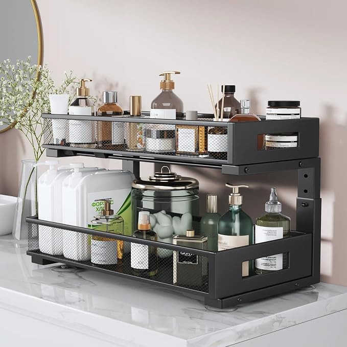 2 Packs 21IN Depth Under Sink Organizer, 2-Tier Pull Out Cabinet Organizer With Smooth Circular Rail, Large Capacity Metal Mesh Sliding Drawers For Bathroom& Kitchen Storage,Height Adjustable-Black