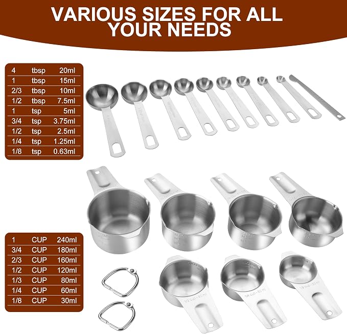 17 Pieces Measuring Cups & Spoons set, 7 Cups, 9 Spoons, 1 Leveler, 18/8 Stainless Steel，Kitchen Gadgets for Cooking & Baking with two Ring Connector, Silver