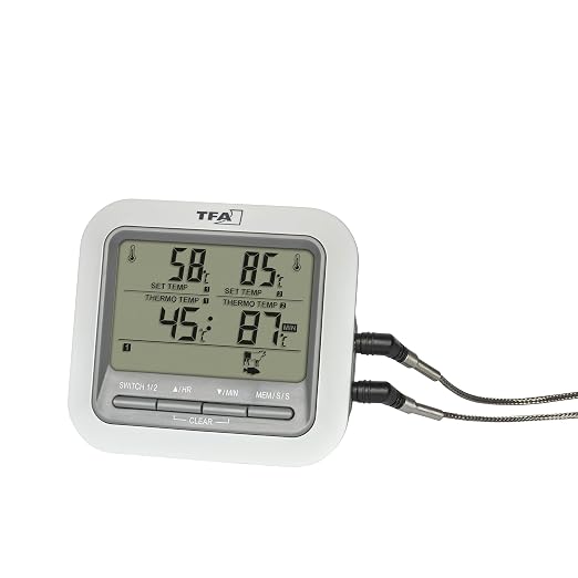 TFA Dostmann Digital Grill Thermometer Roasting Thermometer 14.1516 with 2 Stainless Steel Probes, Meat Thermometer for Oven and Grill, up to 300 °C, with Alarm Function, Beef/Pork/Chicken/Fish, White