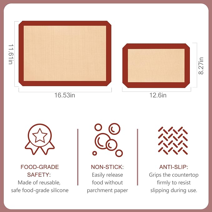 Silicone Baking Mat Set of 3, Non-Stick 2 Half & 1 Quarter Sheets | Dishwasher Safe, Reusable Baking Supplies for Cookies, Bread, Pastries & Dough, Red