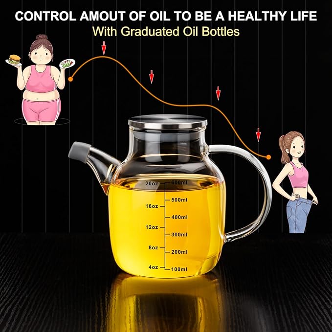 PARACITY Glass Oil Dispenser Bottle with Measurements, Oil Dispenser Bottle for Kitchen, 20.3 OZ Oil Container Kitchen for Olive/Vinegar/Cooking/Soy Sauce