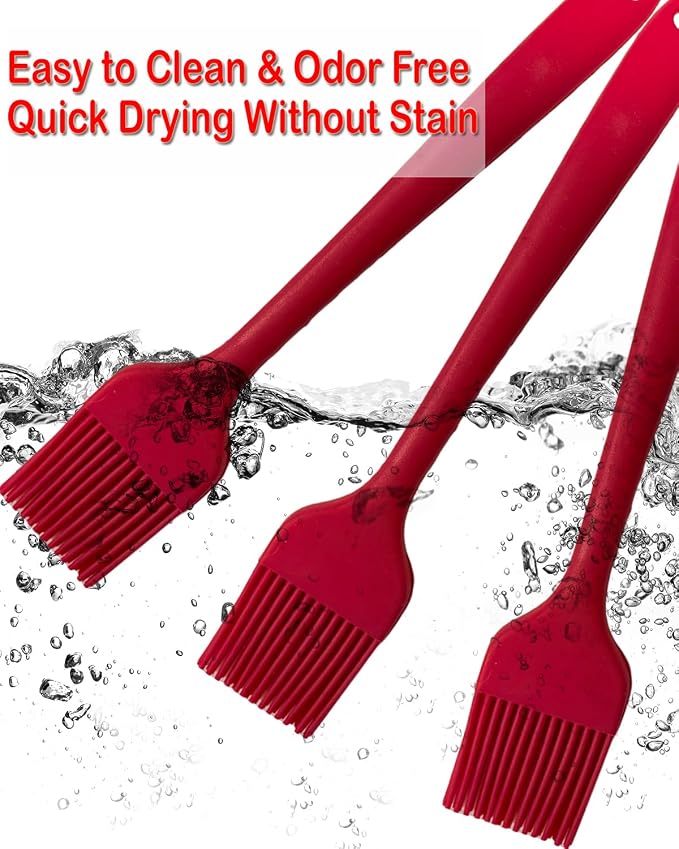 Pastry Brush For Baking,Silicone Basting Brush For Cooking,315°C Heat Resistant Food Brush for Oil & Sauce,Non-Shedding Kitchen Brushes for Butter Bread Meat Egg Wash Cake Baster(3pc Red)