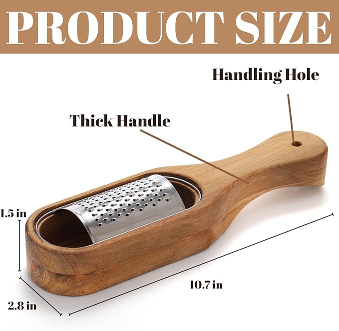 ZENFUN Removable SUS304 Stainless Steel Cheese Grater with Wooden Container, Acacia Wood Wooden Shredder, Citrus Zester, Perfect for Presenting Freshly Grated Cheese or Zest