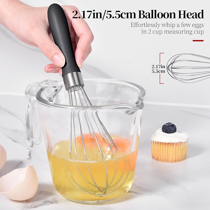 18/8 Stainless Steel Balloon Whisk for Cooking (Small, lnky Black) | Heavy Duty Metal Kitchen Wire Whisker Wisking Tool Egg Beater Hand Mixer for Mixing Baking Beating Stirring Sauce Flour