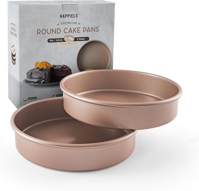 9 inch Raund Cake Pan 2 Pack Nonstick, PFOA & BPA Free | | Non-Toxic - High Carbon Steel - Gold - Layer Circle Mold 2 inches Deep for Oven Baking