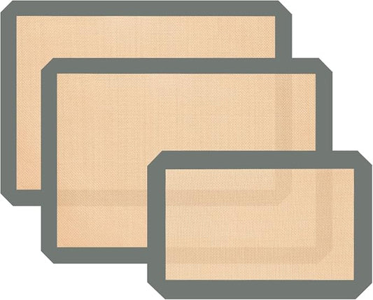 Silicone Baking Mat Set of 3, Non-Stick 2 Half & 1 Quarter Sheets | Dishwasher Safe, Reusable Baking Supplies for Cookies, Bread, Pastries & Dough, Gray