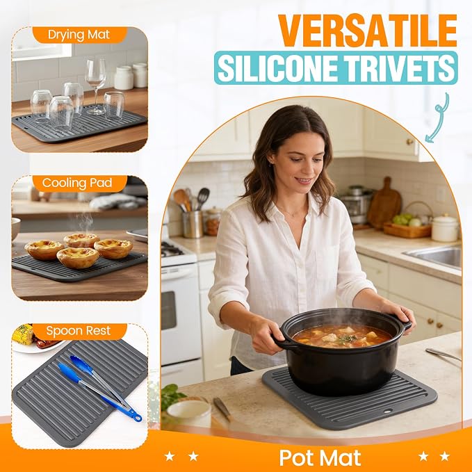 Silicone Trivets for Hot Pots and Pans - 2 Heat Resistant Pot Holders Silicone Trivet Mat Multipurpose Counter Pads (Dark Grey)