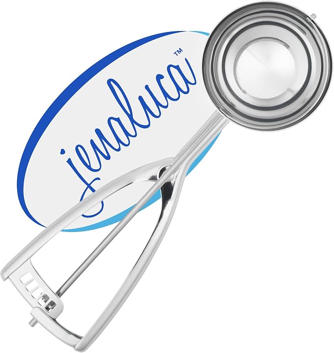 Jenaluca Jumbo Ice Cream Scoop, 18/8 Stainless Steel, 1/2 Cup Size #8 | Commercial-grade disher for ice cream, cupcakes, muffins, cookies & batter. Squeeze handle. Dishwasher safe.