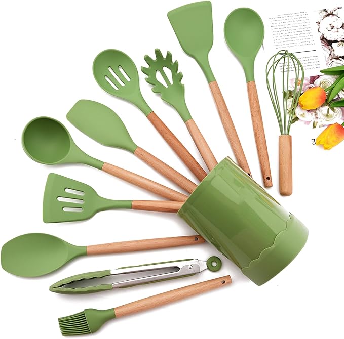 1pcs Avocado Green Silicone Cooking Utensils with Wooden Handle Heat Resistant Silicone Spoon Spatula Set for Nonstick Cookware