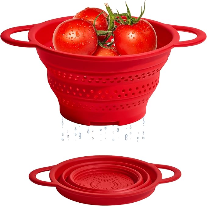 GIR Collapsible Colander for Kitchen, Silicone Strainer and Steamer, BPA-Free, Heat-Resistant, Space-Saving Collapsible Strainer with Stainless Steel Rim, Dishwasher Safe - Red