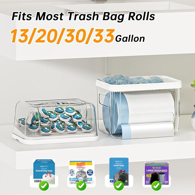 2-in-1 Trash Bag Holder Laundry & Dishwasher Pods Container,Garbage Bag Dispenser with Removable Lids,Kitchen Organizer and Under Sink Storage Box