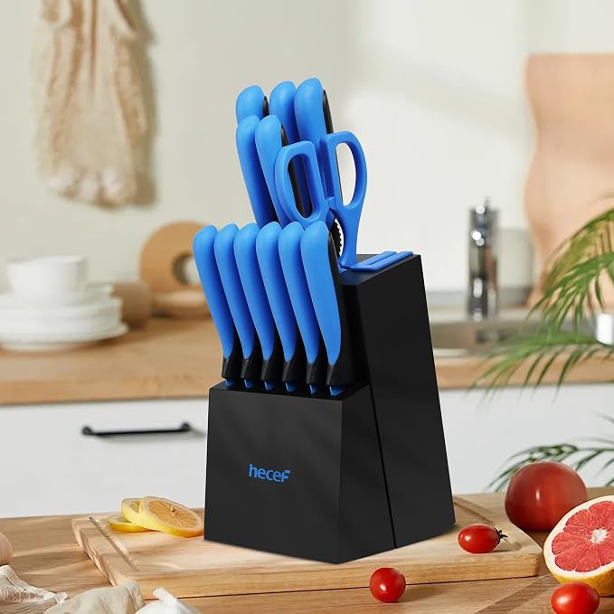 hecef 14 Pieces Kitchen Knife Set with Built-in Sharpening Wooden Block, Dishwasher Safe, High Carbon Stainless Steel Knife Block Set with Steak Knives, Kitchen Scissors (Blue)