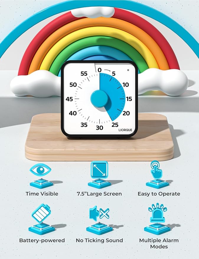 LIORQUE 60 Minute Visual Timer for Kids and Adults, Non-Ticking 7.5 Inch Large Visual Countdown Timers for Classroom Desk Countdown Clock with Magnetic Backing, Kids Pomodoro Timer Clock