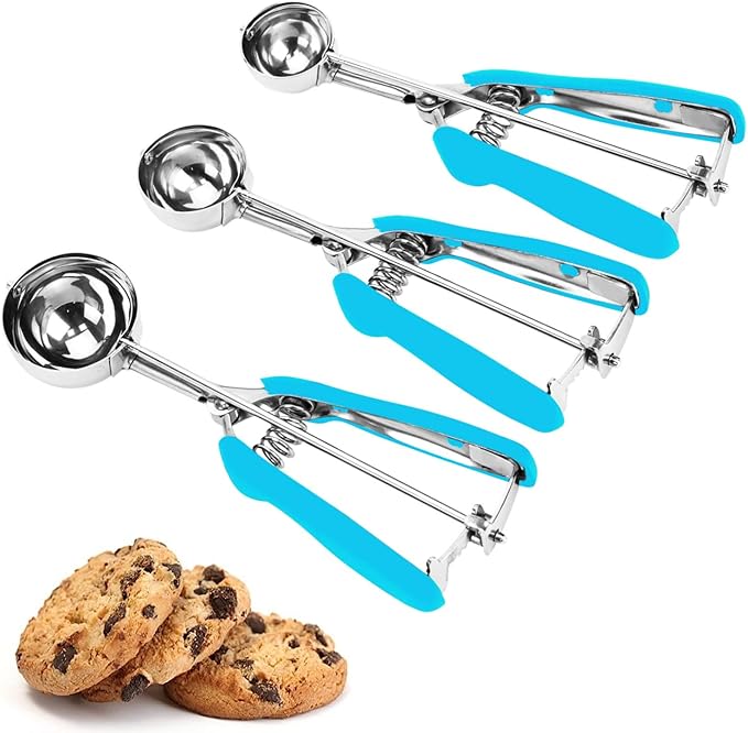Cookie Scoop Set, 3Pcs Ice Cream Scoop, Cookie Scoops for Baking Set of 3, 18/8 Stainless Steel Cookie Scooper for Baking, Ice Cream Scooper with Trigger Release, Blue Soft Grip Cookie Dough Scoop
